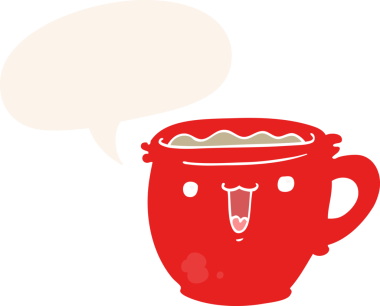 Bir insan tarafından çizilmiş eski moda konuşma baloncuklu şirin çizgi film kahve fincanı.