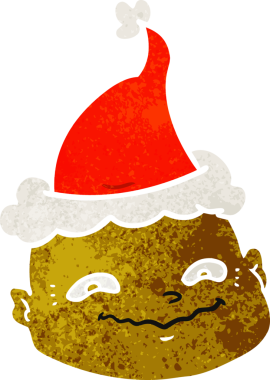 Bir insanın çizdiği Noel Baba şapkası takan kel bir adamın el çizimi karikatürü.