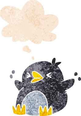 Düşünce baloncuğu olan karikatür pengueni bir insan tarafından çizilmiş dertli retro desenli.