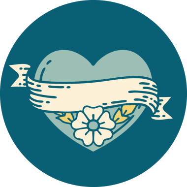 İkonik dövme stili bir kalp ve bir insan tarafından çizilmiş çiçekli pankart.