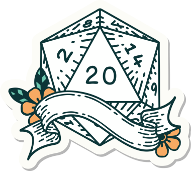 Bir insan tarafından çizilmiş 20 D20 zarının çıkartması.