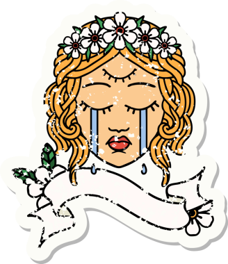 Üzerinde kadın yüzü bayrağı olan eski bir etiket üçüncü gözü ve bir insan tarafından çizilmiş çiçek taçı.