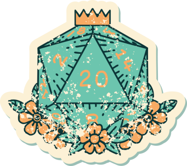 Bir insan tarafından çizilmiş çiçek elementleriyle 20 D20 zarının grunge sticker 'ı.