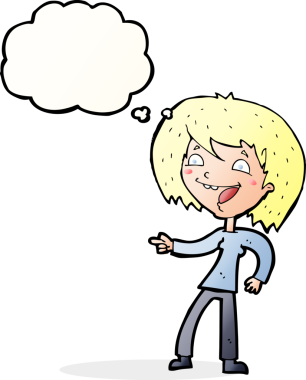 Bir insan tarafından çizilmiş düşünce balonuyla gülen ve işaret eden çizgi film kadını.