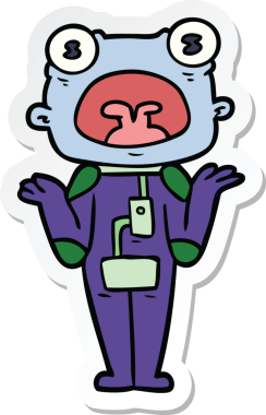 Çizgi film çıkartması. Bir insan tarafından çizilmiş garip uzaylı omuzları.