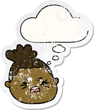 Düşünce baloncuklu karikatür kadın yüzü bir insan tarafından çizilmiş yıpranmış bir çıkartma gibi.