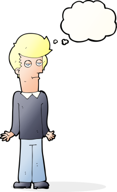 Bir insan tarafından çizilmiş düşünce baloncuğuyla omuz silken karikatür.