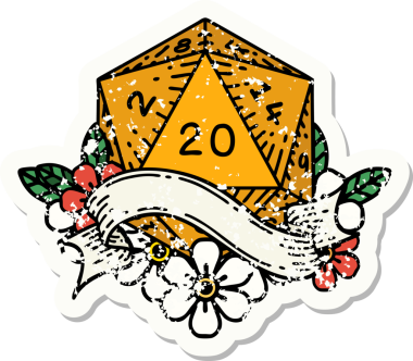 Bir insan tarafından çizilmiş 20 D20 zarının grunge çıkartması.