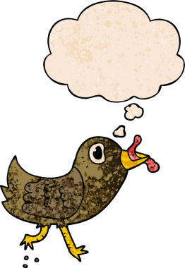 Düşünce baloncuklu solucanlı çizgi film kuşu insan tarafından çizilmiş grunge desenli.
