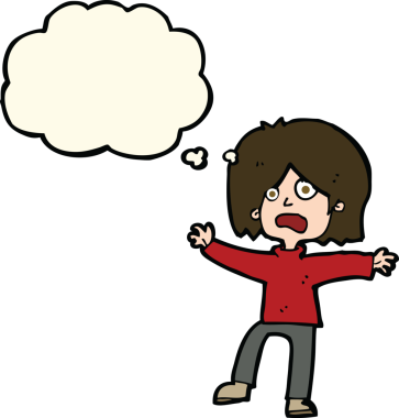 Bir insan tarafından çizilmiş düşünce baloncuğu olan korkmuş bir çizgi film karakteri.