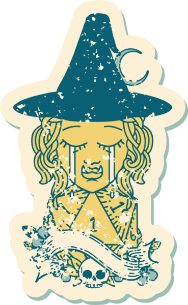 Retro Dövme Tarzı Ağlama Yarı Ork Cadı Karakteri Yüzü Doğal Bir D20 zar bir insan tarafından çizilmiş