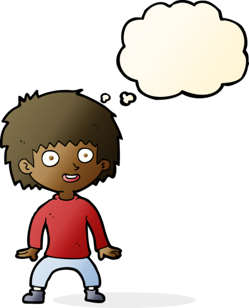 Bir insan tarafından çizilmiş düşünce baloncuğu olan heyecanlı çocuk.