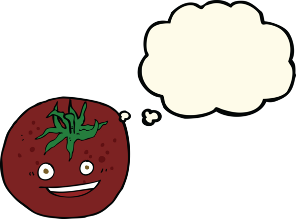 Bir insan tarafından çizilmiş düşünce baloncuklu domates.