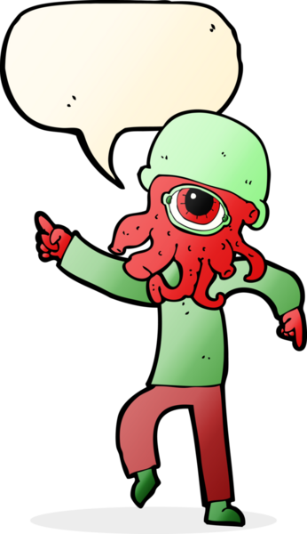 Bir insan tarafından çizilmiş konuşma baloncuğuyla dans eden uzaylı adam.