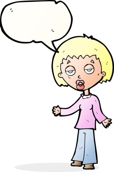 Bir insan tarafından çizilmiş konuşma balonu olan yorgun bir kadın çizgi filmi.