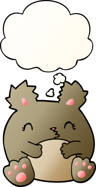 Bir insan tarafından çizilmiş yumuşak eğimli düşünce baloncuklu çizgi film ayısı.