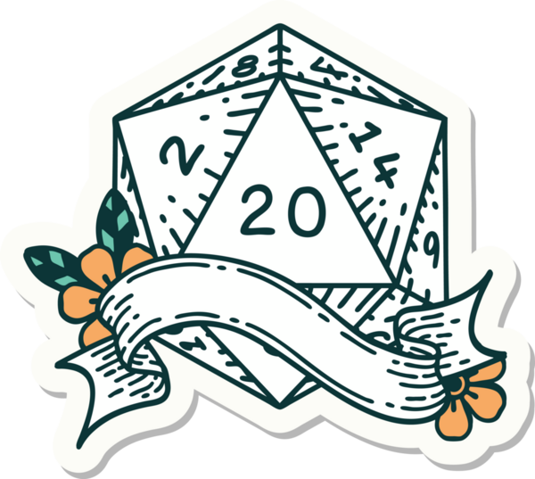 Bir insan tarafından çizilmiş 20 D20 zarının çıkartması.