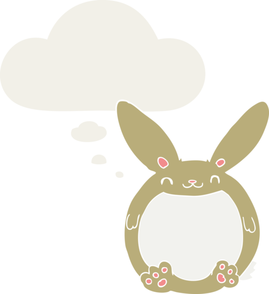 Düşünce baloncuklu çizgi film tavşanı insan tarafından çizilmiş.