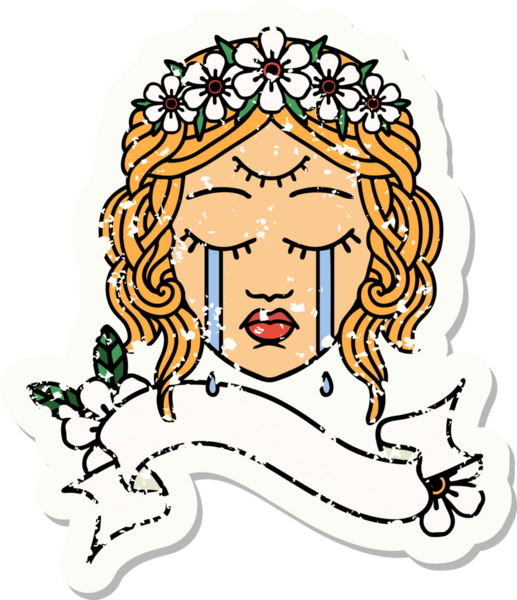 Üzerinde kadın yüzü bayrağı olan eski bir etiket üçüncü gözü ve bir insan tarafından çizilmiş çiçek taçı.