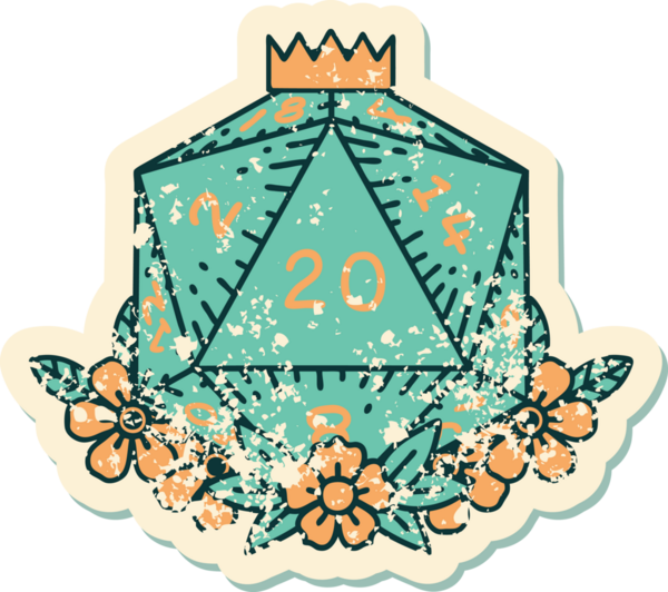 Bir insan tarafından çizilmiş çiçek elementleriyle 20 D20 zarının grunge sticker 'ı.