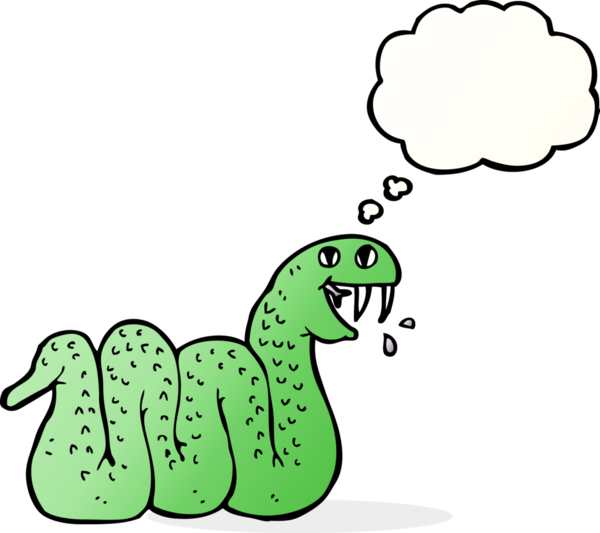 Bir insan tarafından çizilmiş düşünce baloncuklu çizgi film yılanı.