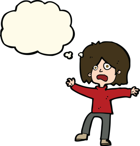 Bir insan tarafından çizilmiş düşünce baloncuğu olan korkmuş bir çizgi film karakteri.