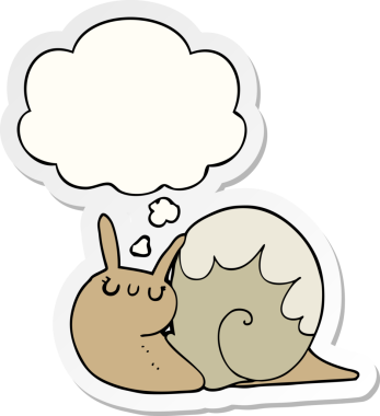 Düşünce baloncuklu tatlı çizgi film salyangozu insan tarafından çizilmiş bir çıkartma.