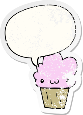 Yüzü konuşma baloncuğu olan çizgi film keki bir insan tarafından çizilmiş sıkıntılı eski bir çıkartma