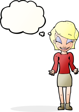 Bir insan tarafından çizilmiş düşünce kabarcığıyla omuz silken mutlu bir kadın çizgi filmi.