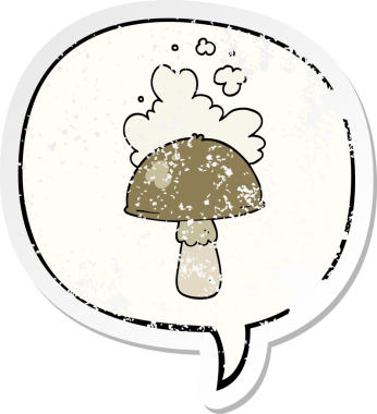 Spor bulutlu çizgi film mantarı konuşma baloncuğu bir insan tarafından çizilmiş sıkıntılı eski bir çıkartma