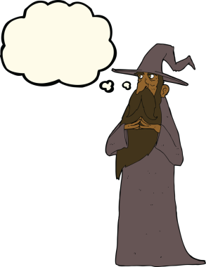 Bir insan tarafından çizilmiş düşünce baloncuğu olan çizgi film sihirbazı