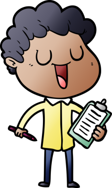 Bir insan tarafından çizilmiş pano ve kalemle gülen bir karikatür adamı.