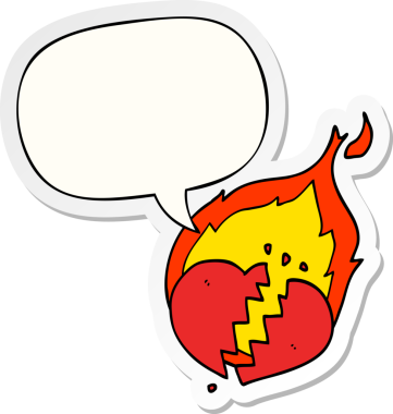 Bir insan tarafından çizilmiş konuşma kabarcığı çıkartmalı yanan kalp.