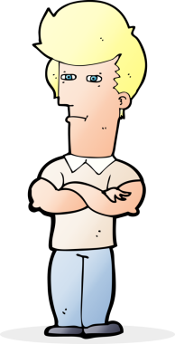 Bir insan tarafından çizilmiş kolları katlanmış çizgi film adamı.