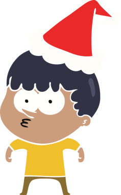 Bir insan tarafından çizilmiş Noel Baba şapkası giyen meraklı bir çocuğun el çizimi düz bir resim.