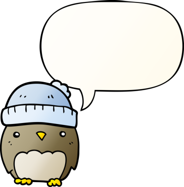 Bir insan tarafından çizilmiş yumuşak eğimli konuşma baloncuğu olan şapkalı sevimli çizgi film baykuşu.