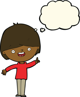 Bir insan tarafından çizilmiş düşünce balonu olan mutlu çocuk çizgi filmi.