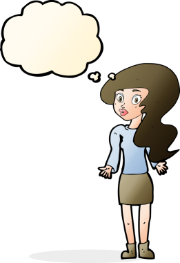 Bir insan tarafından çizilmiş düşünce baloncuğuyla omuz silken çizgi film kadını.