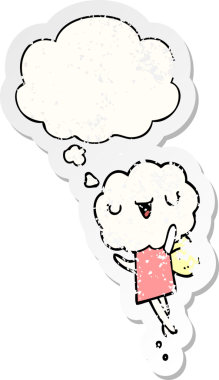 Düşünce baloncuğu olan tatlı bir çizgi film yaratığı insan tarafından çizilmiş yıpranmış bir çıkartma.