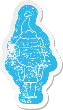 Mutlu çizgi film, insan tarafından çizilmiş Noel Baba şapkası takan bir adamın kederli çıkartması.