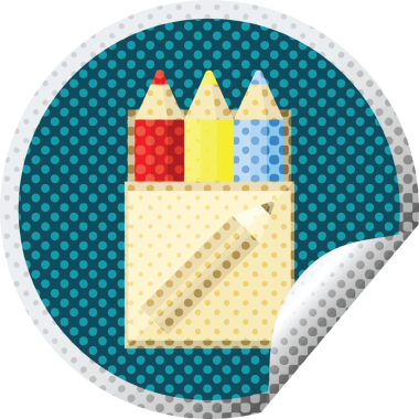 Bir insan tarafından çizilmiş renkli kalem paketi grafik vektör çizim dairesel etiketi