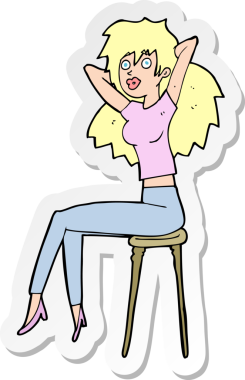 Bir insan tarafından çizilmiş tabureye poz veren bir karikatür kadının çıkartması.