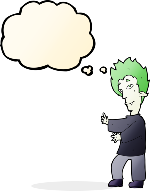 Bir insan tarafından çizilmiş düşünce baloncuğu olan bir vampir.