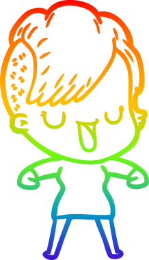 Gökkuşağı gradyan çizimi. Hipster saç kesimi bir insan tarafından çizilmiş şirin bir çizgi film kızı.