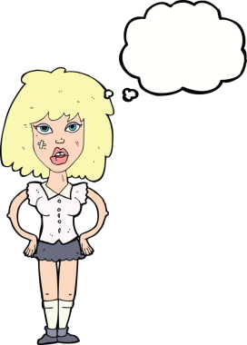 Çizgi filmdeki kadın bir insan tarafından çizilmiş düşünce baloncuğuyla kavga ediyor.