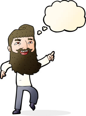 Çizgi filmdeki sakallı adam gülüyor ve bir insan tarafından çizilmiş düşünce balonuyla işaret ediyor.