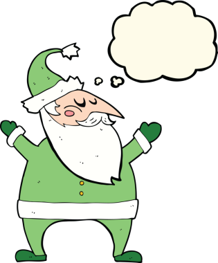 Bir insan tarafından çizilmiş düşünce baloncuklu Noel Baba çizgi filmi.