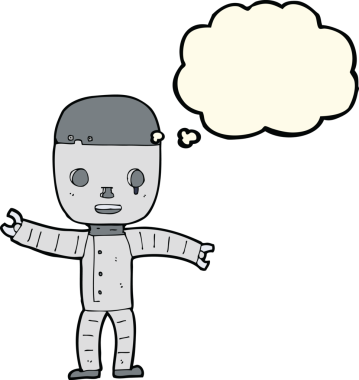 Bir insan tarafından çizilmiş düşünce baloncuklu çizgi film robotu