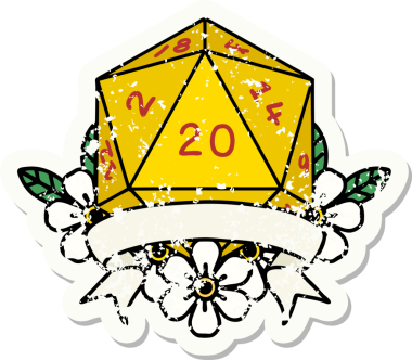 Bir insan tarafından çekilen 20 kritik vuruşluk D20 zar atımının grunge çıkartması.