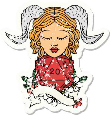 Bir insan tarafından çizilmiş doğal yirmilik zarla süslenmiş grunge çıkartması.